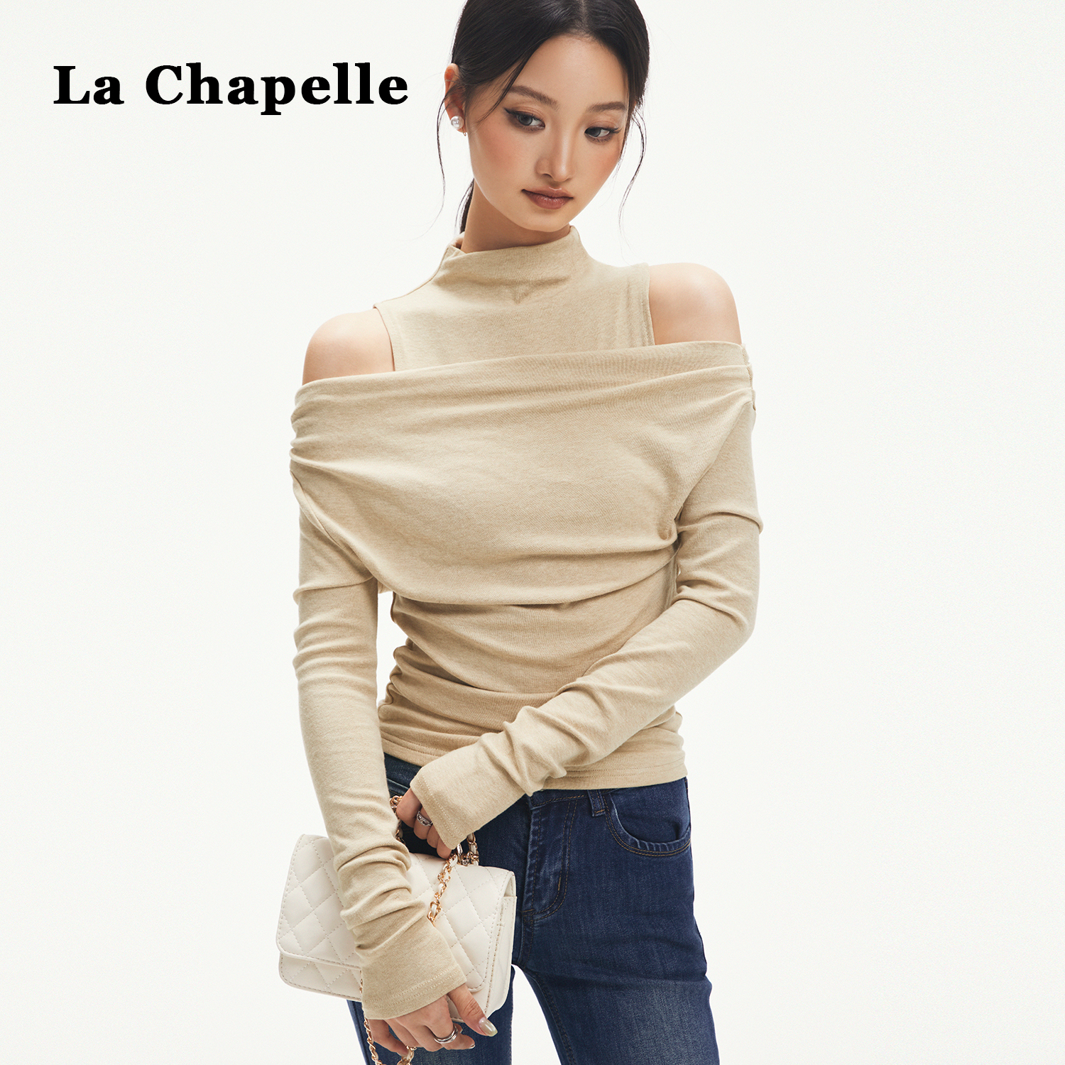 拉夏贝尔独特假两件露肩长袖t恤