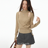 新款 拉夏贝尔设计感交叉绑带假两件针织衫 女秋季 独特漂亮单穿上衣