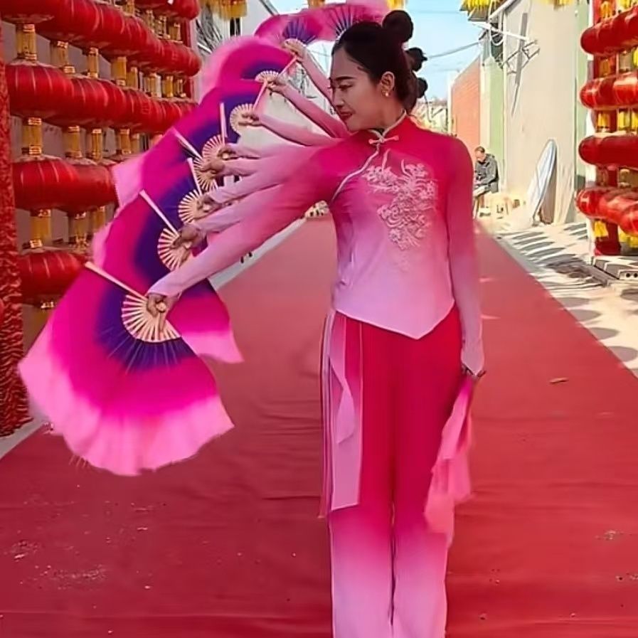 渐变紫玫粉舞蹈专用扇子胶州秧歌广场舞山西民间小花戏八寸扇子