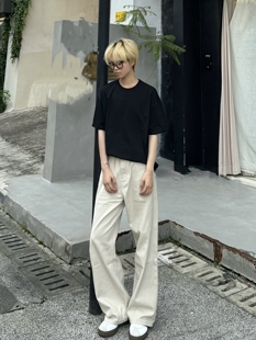 休闲百搭长裤 黑雾 korean杏色直筒牛仔裤