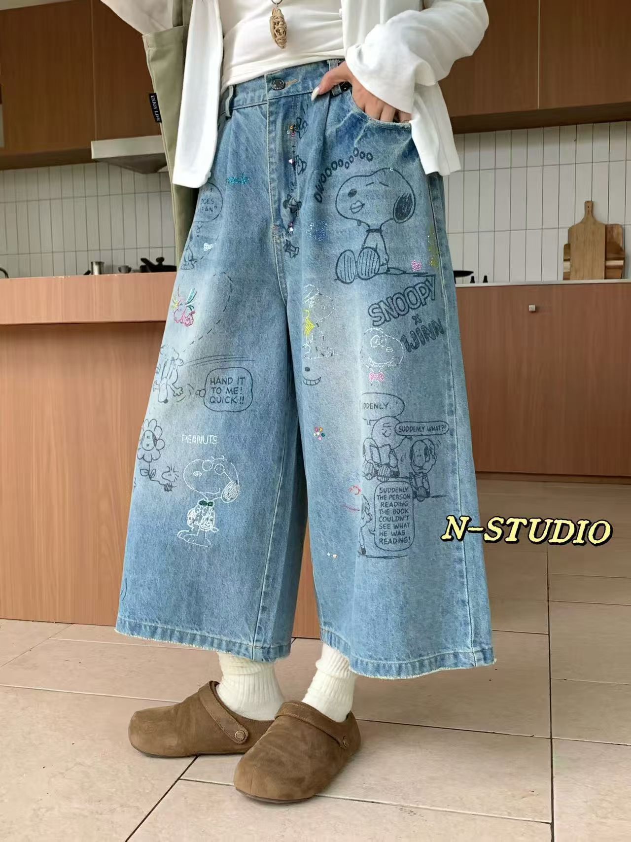 N家W4528#手绘涂鸦八分牛仔阔腿裤 兰 M、L、XL图片