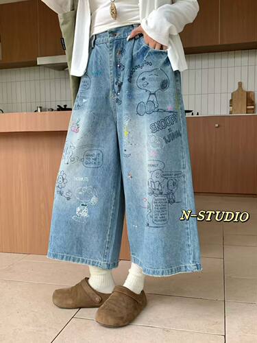 N家W4528#手绘涂鸦八分牛仔阔腿裤 兰 M、L、XL