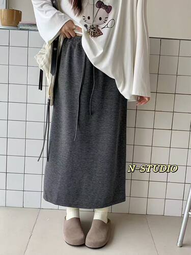 N家F6169#开衩直筒半裙 黑色、灰色 M、L、XL、XXL