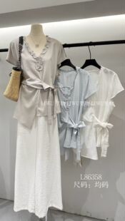 里物家L86358#韩系ⅴ领收腰系带小衫5/24 兰色 白色 灰 均码