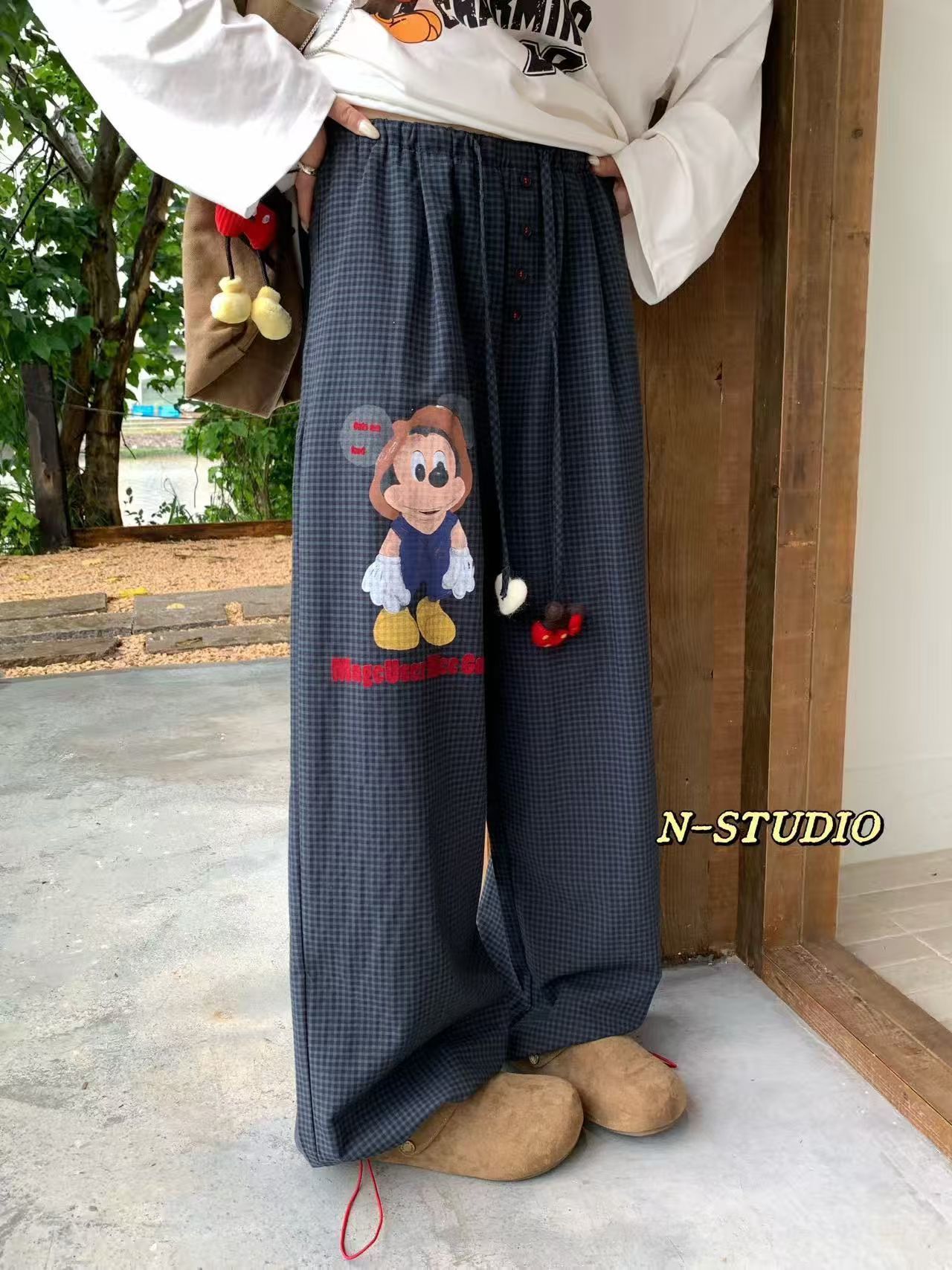 N家F6049#米奇玩偶格子阔腿裤 深蓝色、浅蓝色 M、L、XL图片