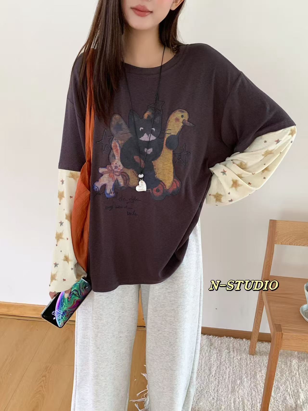 N家w4564#拼接袖猫咪长袖T 紫色 灰色 M L图片