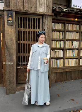 花菜家6660#马甲加半身裙两件套 白 黑 蓝 XL～3XL