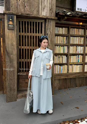 花菜家6660#马甲加半身裙两件套 白 黑 蓝 XL～3XL