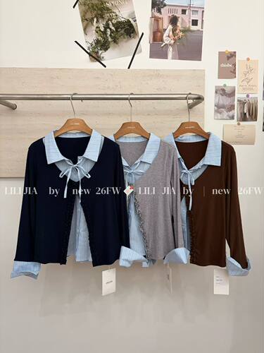 里里家6869#长袖衬衫+开衫两件套 藏青色 灰色 咖色 M/L/XL