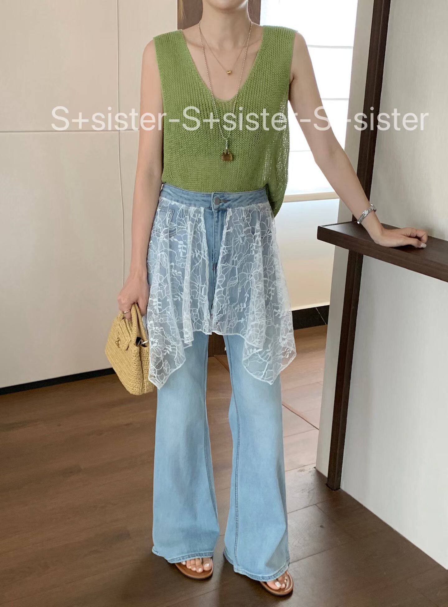 S+sister家182271#百搭显瘦拼蕾丝屁帘微喇裤5/24  浅蓝 30-40