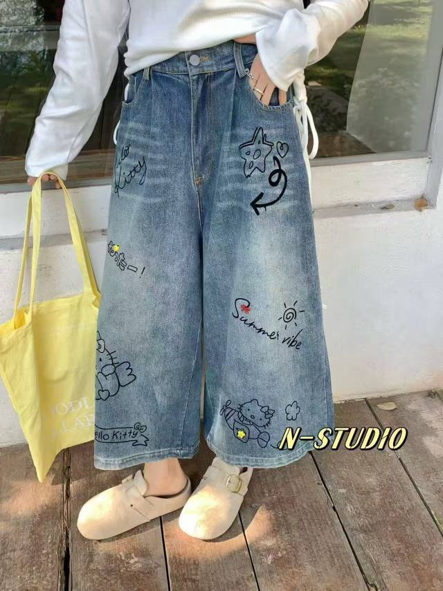 N家W3711#KT猫涂鸦八分牛仔裤 —单色/M、L、X L图片