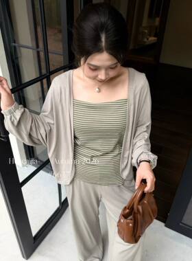 花菜家6637#开衫外套+吊带+裤子三件套 黑 深灰 浅灰 XL～3XL
