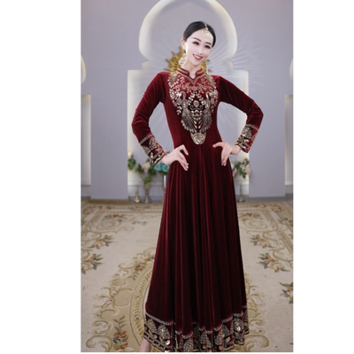 A2693依曼之舞异域风情刺绣小摆新疆舞服连衣裙中老年广场跳舞服