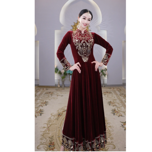 A2693依曼之舞异域风情刺绣小摆新疆舞服连衣裙中老年广场跳舞服