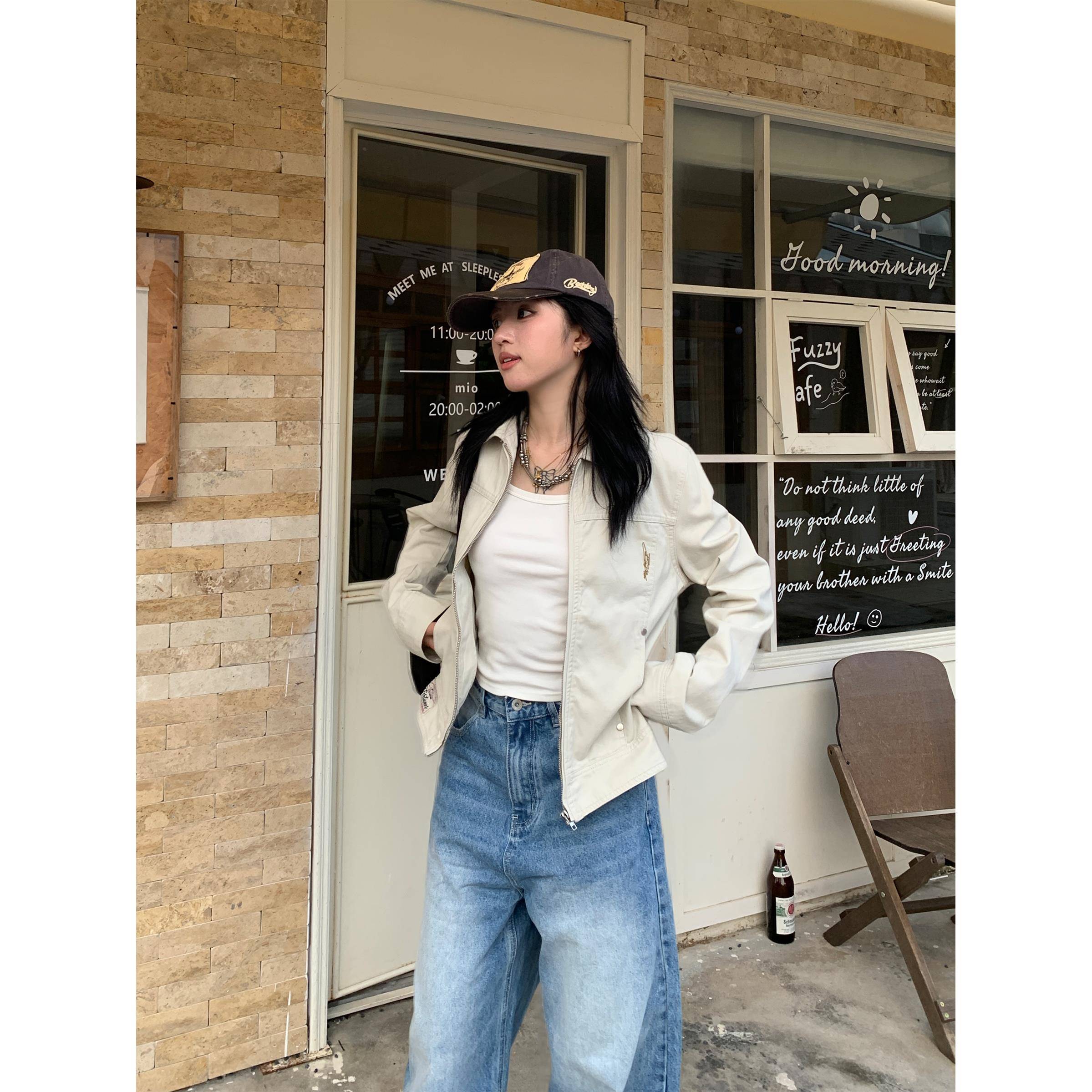 木子羊 美式复古高级感刺绣翻领夹克短款外套女春秋上衣修身显瘦