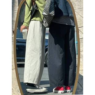 子梨型身材遮胯闊腿工裝 日系九分直筒褲 女大碼 胖mm顯瘦藏青色褲 褲