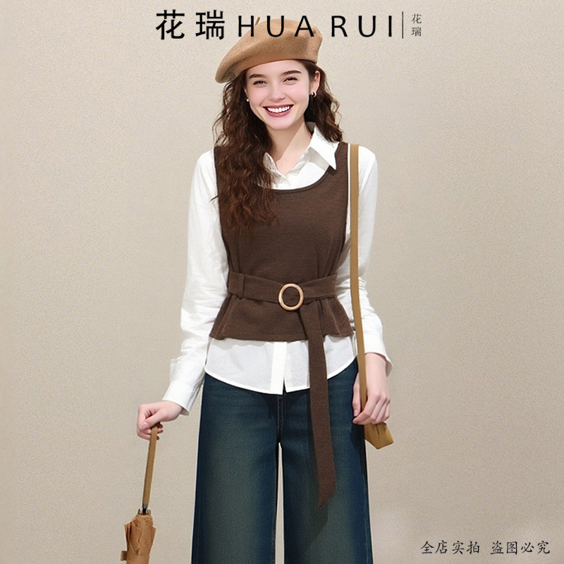 商场专柜同款帅气好看白色长袖衬衫针织背心两件套上衣显瘦秋季女