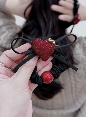 高端韩版爱心闪钻红色珍珠大肠发圈扎发头绳丸子头马尾皮筋高弹力
