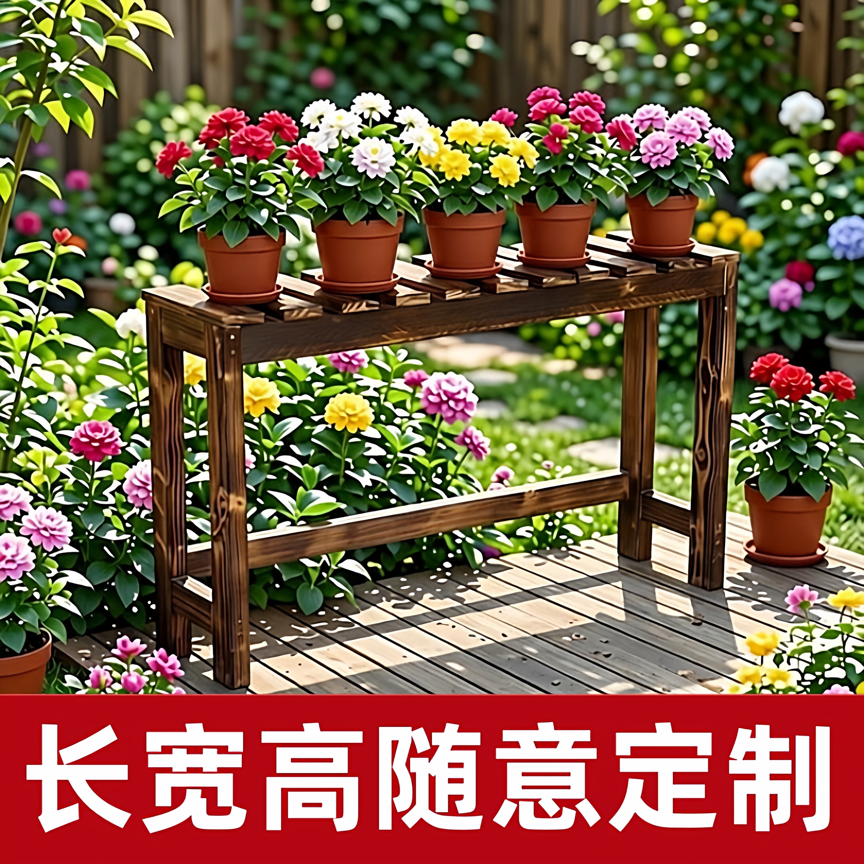 定制花架实木碳化单层90高花架庭院防腐木置物架多肉盆景花盆架子