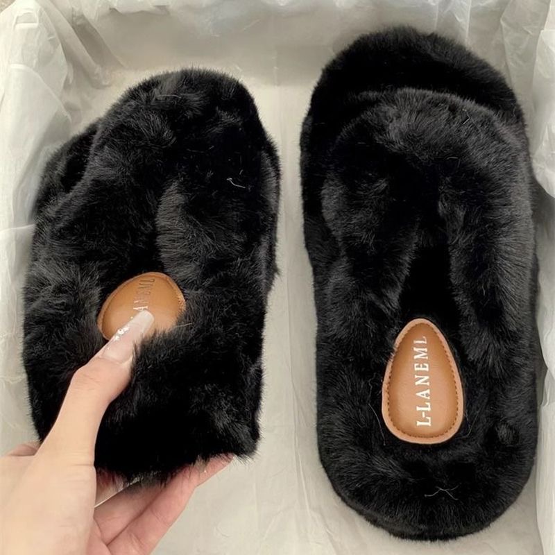 白色保暖增高一字厚底毛毛拖鞋女冬外穿2025新款室内家居毛绒棉拖