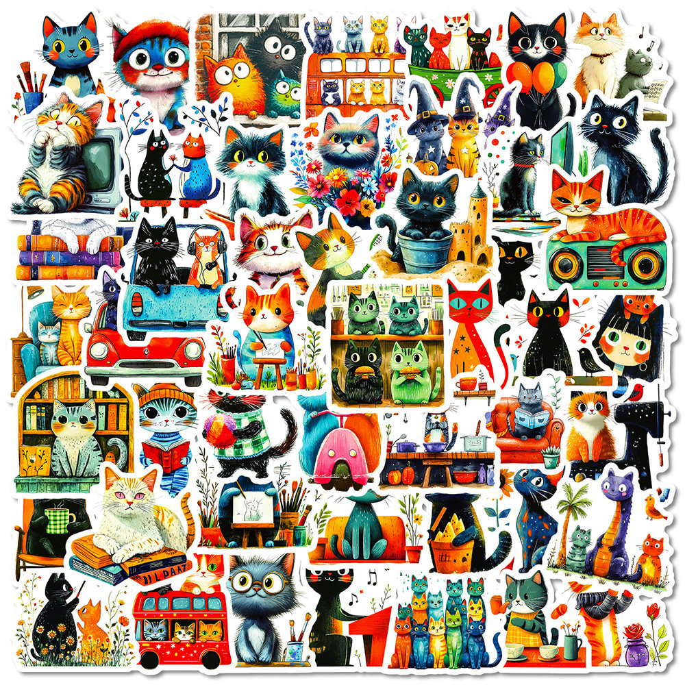 112张艺术小猫贴纸ins风彩绘猫咪日常小场景插画diy素材贴画