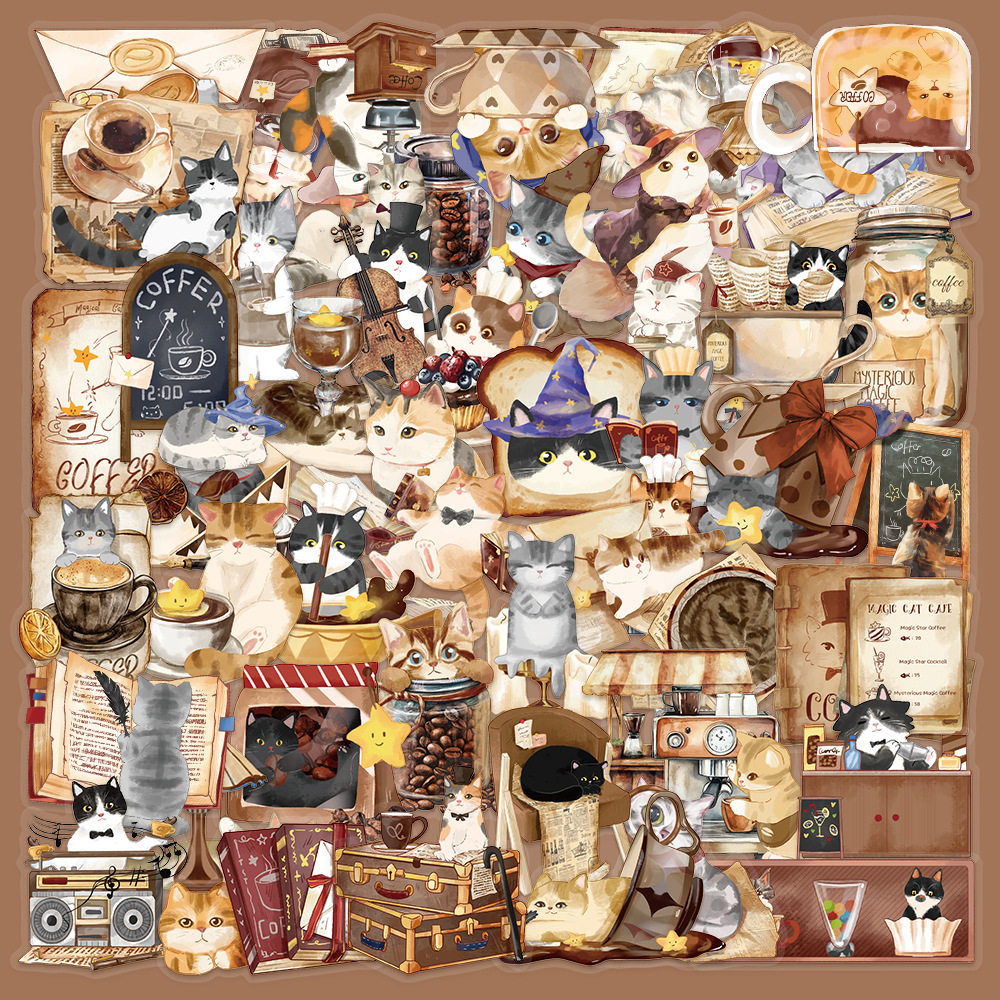 100张魔法猫咖PET贴纸ins风卡通可爱小猫咪透明素材贴画di