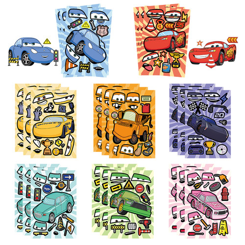 16张赛车拼图贴纸趣味卡通儿童手工炫酷跑车赛车拼贴创意贴画装饰