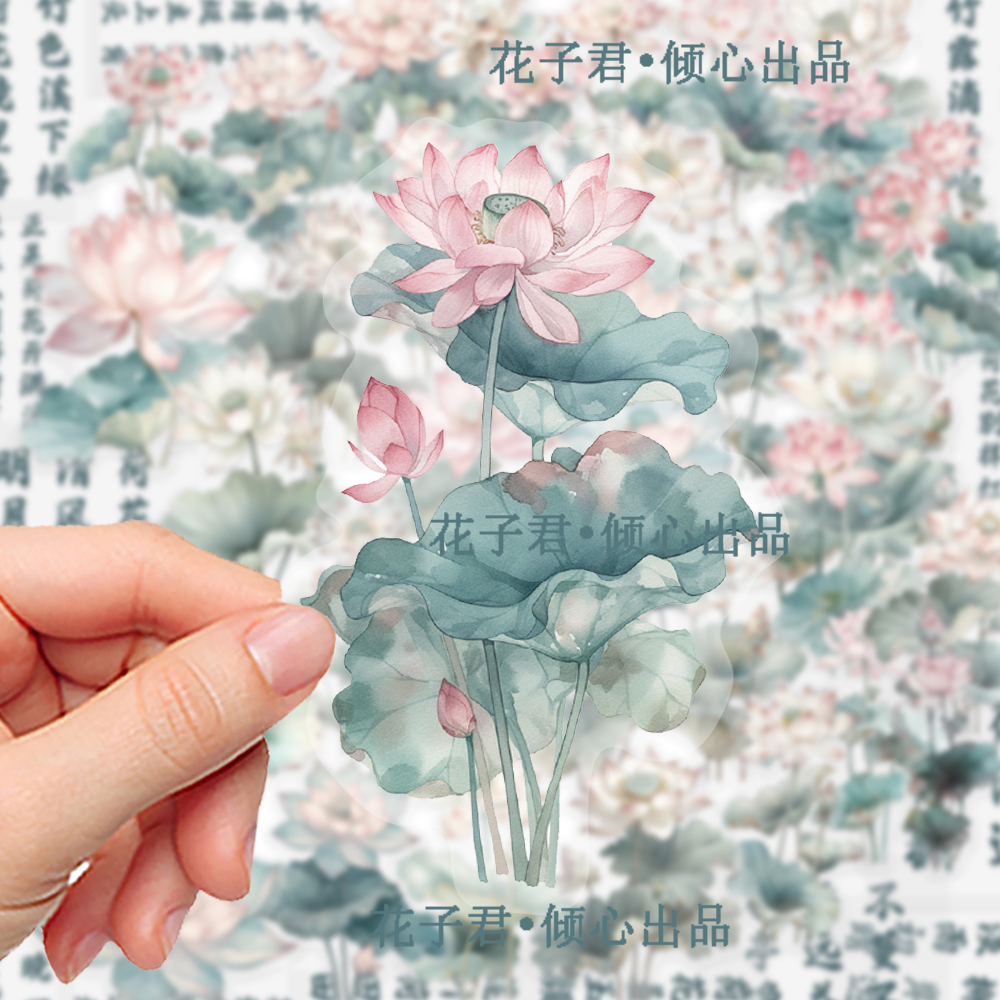 50张荷花PET贴纸精美古风诗词花卉素材贴diy笔记本手账桌面贴画