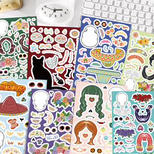 16张墨西哥亡灵节拼图贴纸卡通创意搞怪趣味小物件拼贴贴画自粘