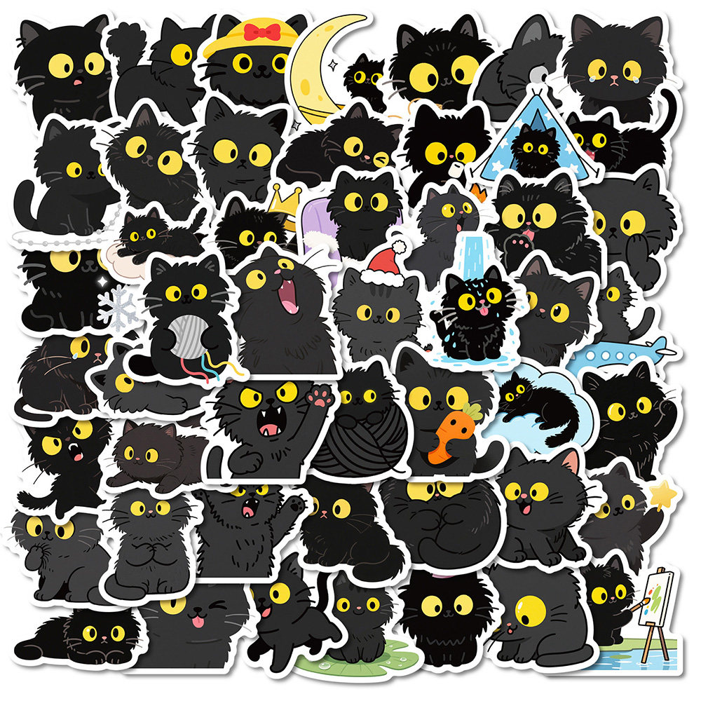 100张黑色猫咪贴纸ins风简约卡通可爱diy装饰手机壳桌面贴画