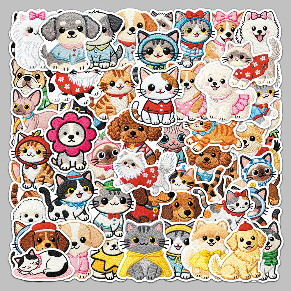 112张卡通刺绣猫狗贴纸可爱猫咪狗狗图案DIY装饰桌面手账贴画