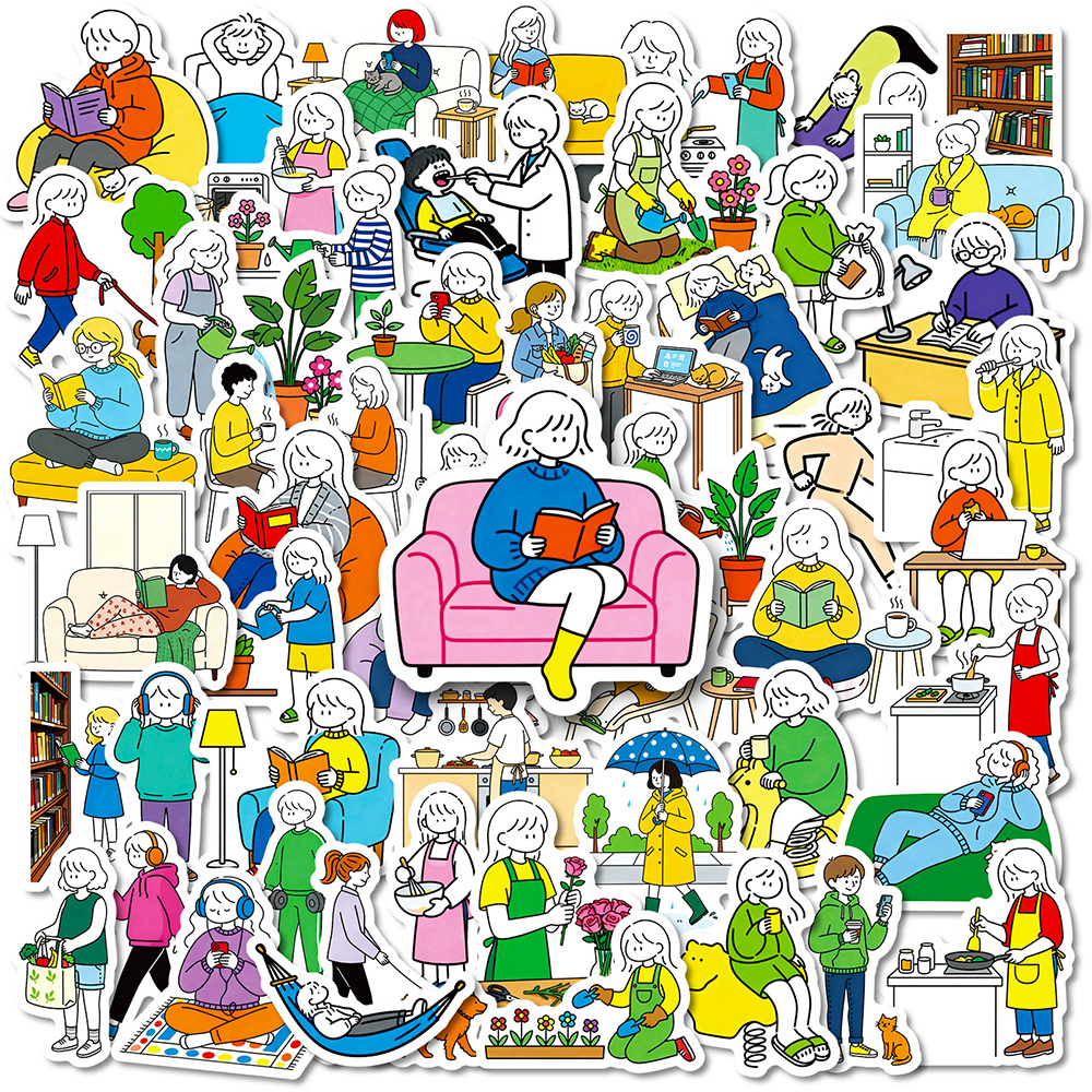 112张小确幸人物贴纸ins卡通可爱简笔画浪漫情侣日常生活diy装饰