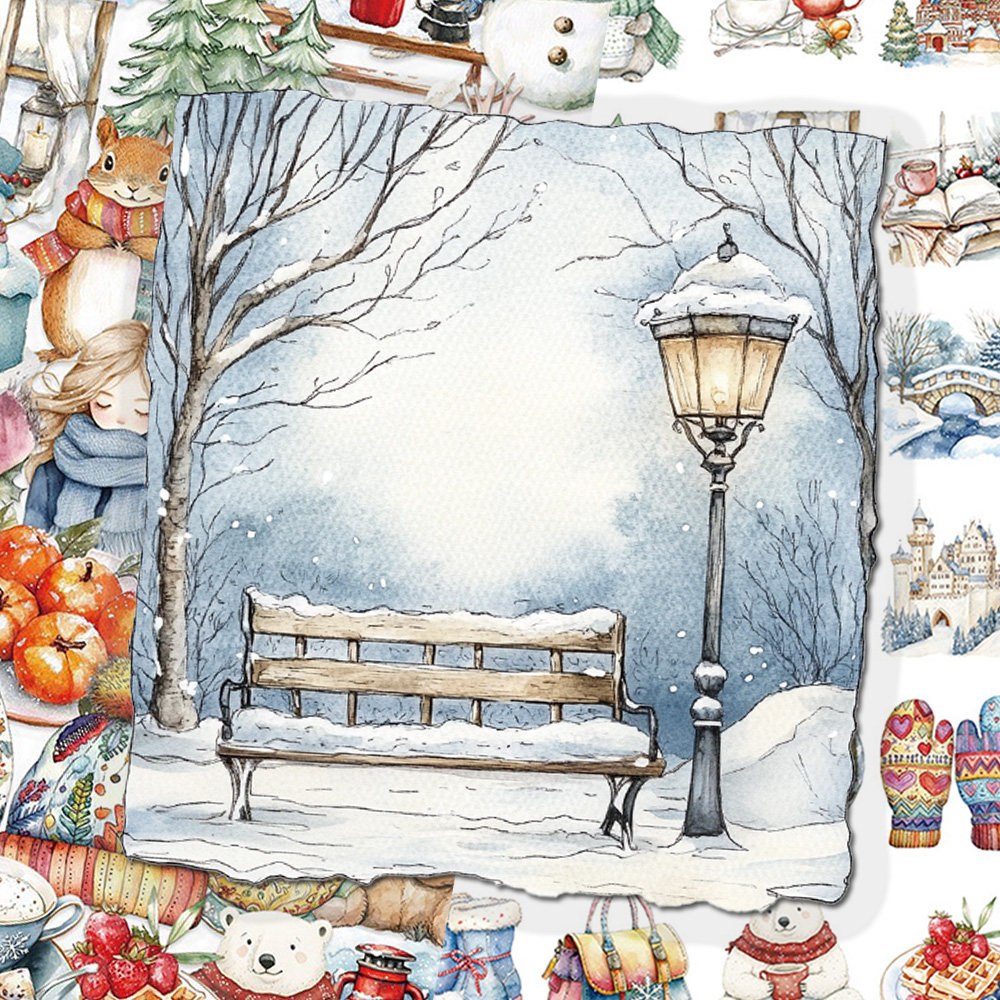 100张冬日水彩PET贴纸冬日雪景小物氛围感装饰贴画DIY手账手机壳,玩具/童车/益智/积木/模型,贴纸,淘宝优惠券,粉丝福利购,淘宝优惠卷