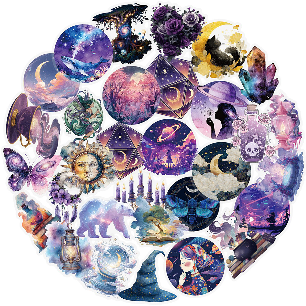 112张魔法星球PET贴纸精美紫色绚烂梦幻星球月亮DIY素材装饰防水