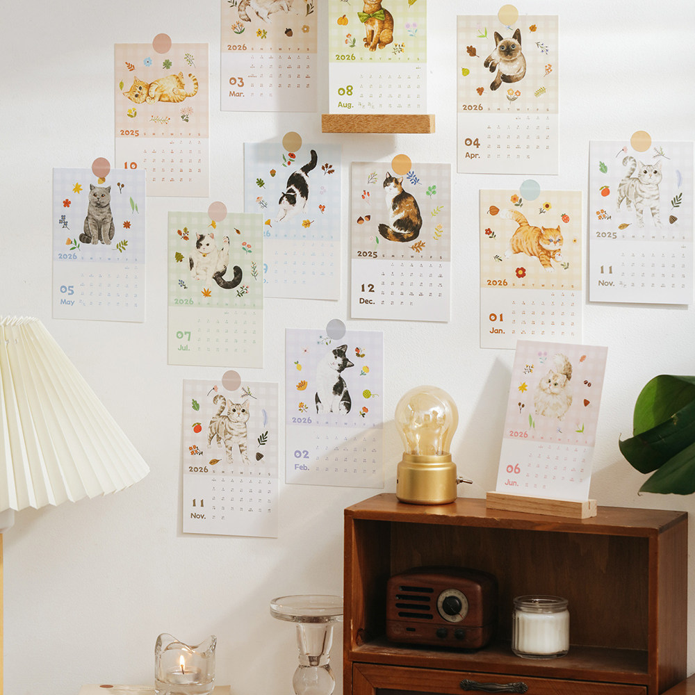 15张韩系糖小娴喵咪2026年日历卡片ins风卡通可爱卧室装饰diy墙贴
