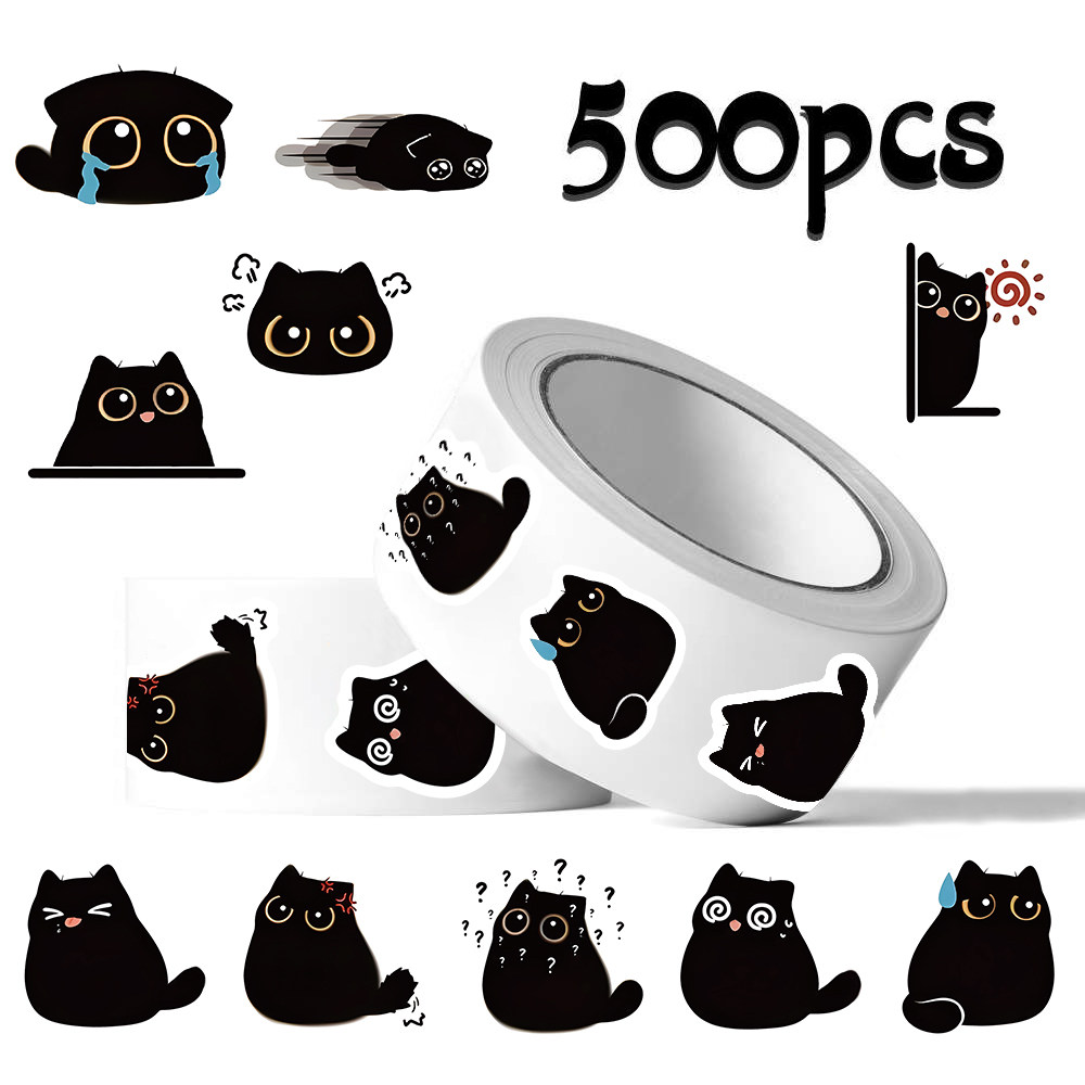 1000贴卡通小黑猫煤球卷卷贴ins可爱搞怪趣味小猫咪封口贴画自