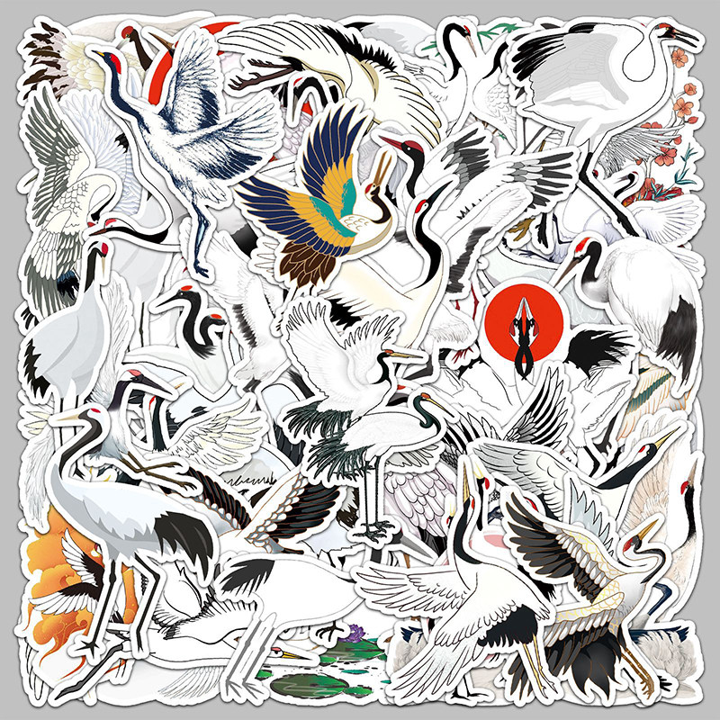 100张仙鹤贴纸卡通传统诗意国风装饰手机壳手账素材防水贴画自粘