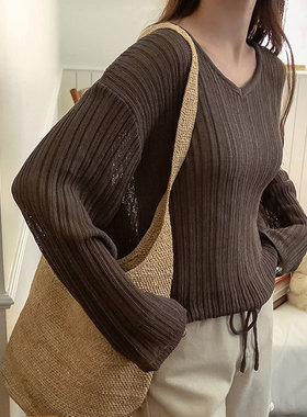 时尚起义韩国购甜美2026春V领抽绳宽松显瘦坑条针织衫jo26041309