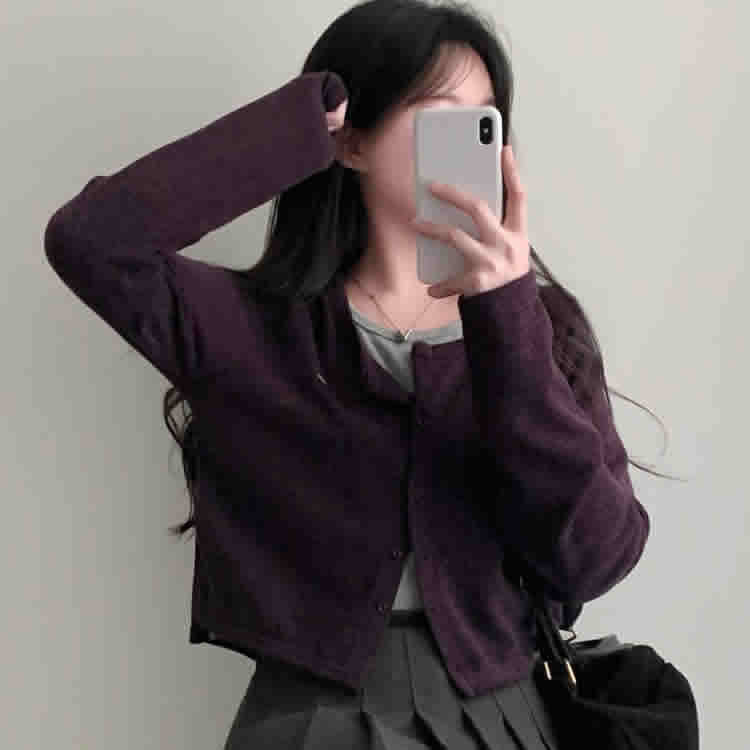 时尚起义拼色假两件针织开襟衫