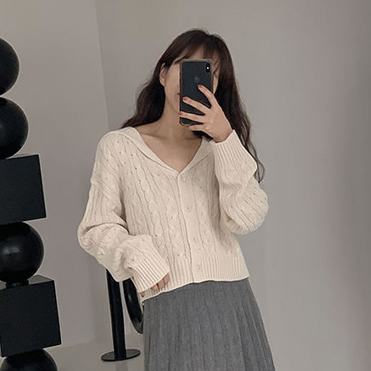 时尚起义韩国代购甜美温柔麻花纹短腰开襟毛衣针织衫qn23111801