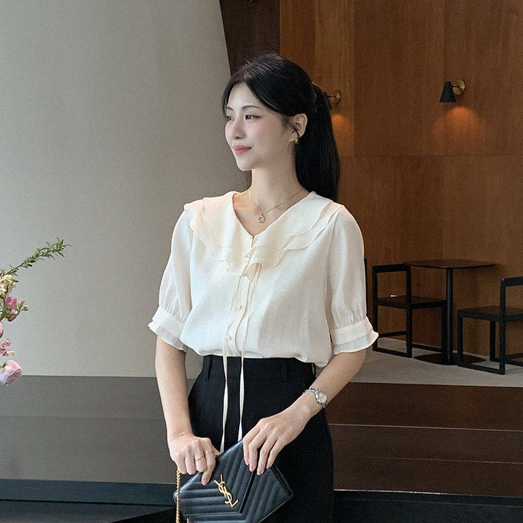 时尚起义韩国代购甜美2025夏新双层荷叶领飘带短袖衬衫li25051410
