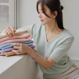 时尚起义韩国甜美2026春多巴胺10色选羊毛V领短袖毛衣md26012210