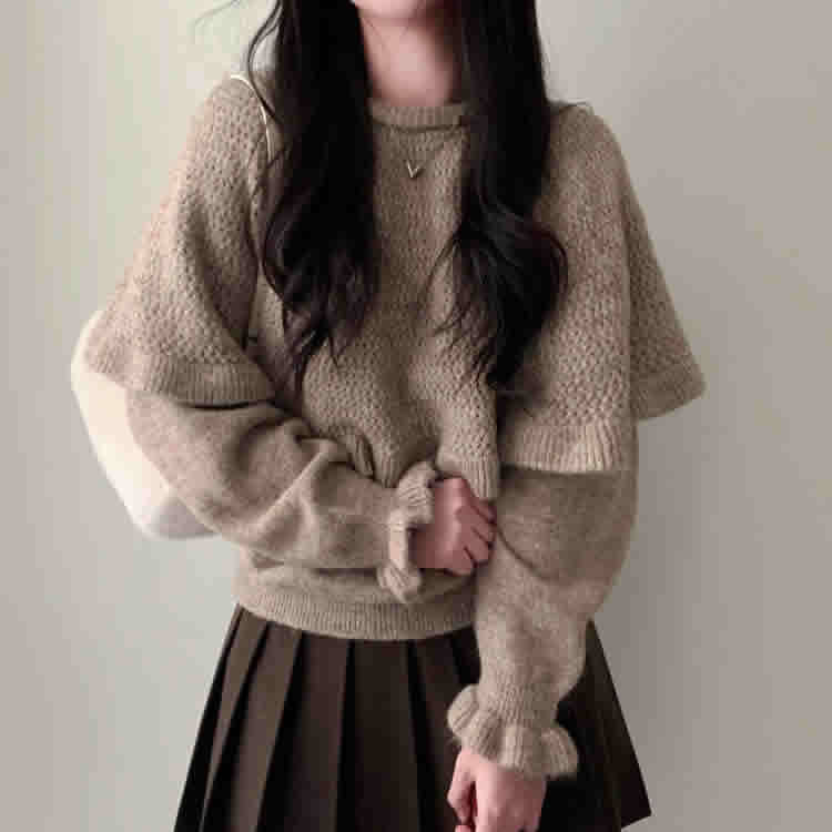 时尚起义2穿披肩半裙+花朵袖毛衣