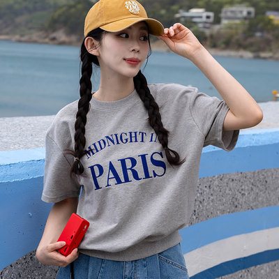 甜美paris刺绣字母短袖卫衣T恤