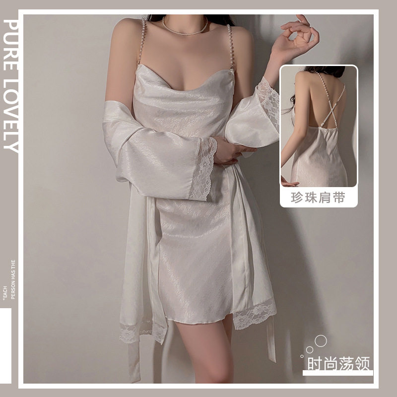 DZ瑰若夏款性感丝滑缎面甜美女士吊带睡裙外袍大码家居服套装4300