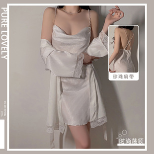 4300 家居服套装 DZ瑰若夏款 性感丝滑缎面甜美女士吊带睡裙外袍大码