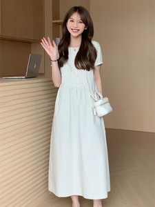 法式连衣裙女夏季2023新款宽松显瘦气质高级感茶歇褶皱a字长裙子