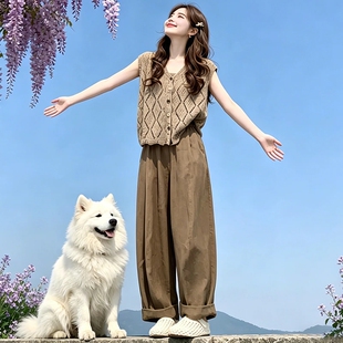 松弛感休闲套装女2026夏季新款时尚洋气马甲罩衫背心阔腿裤三件套