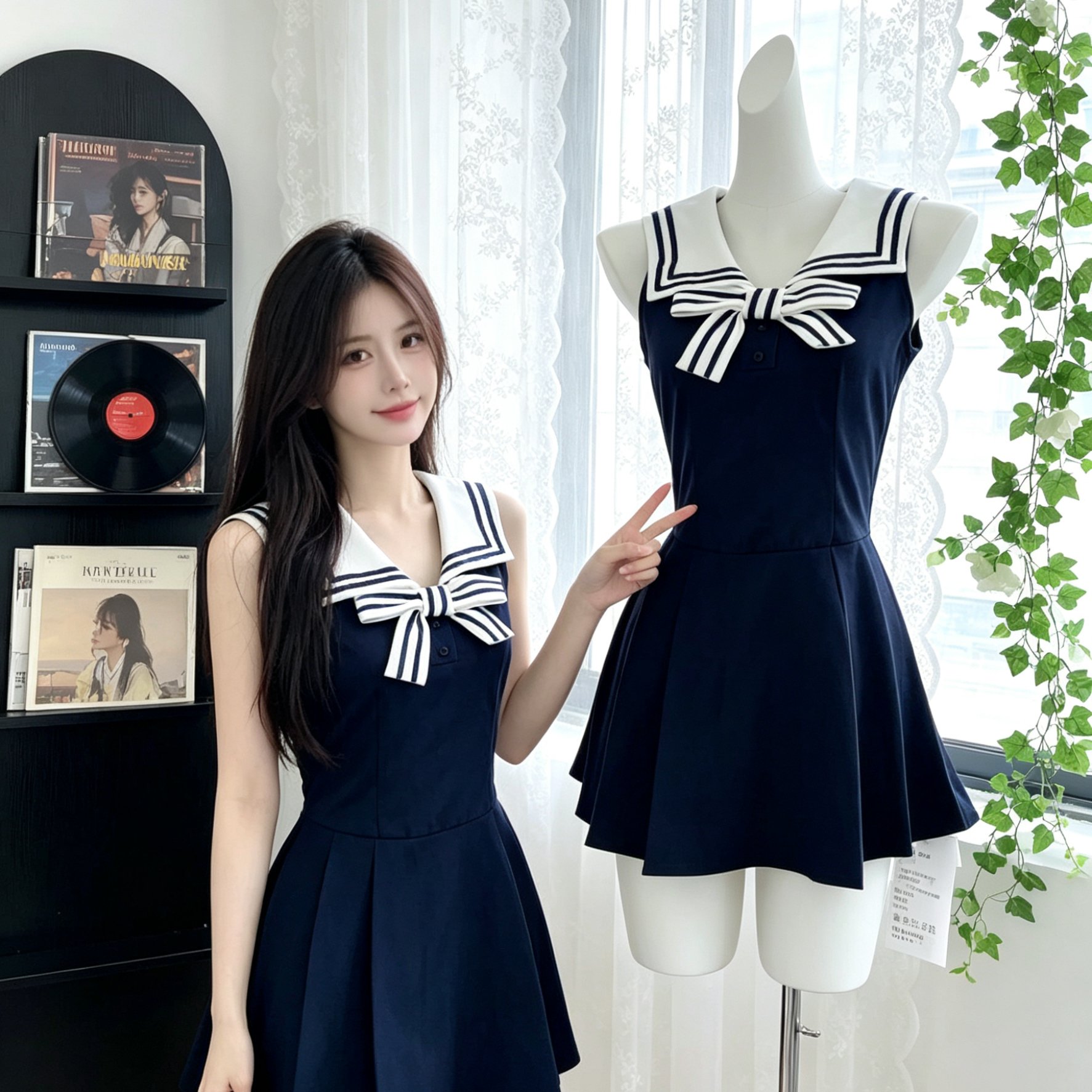 Mejiu蜜九水手甜韵甜美收腰无袖学院连衣裙女夏季设计感裙子 - 实物图