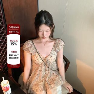 opening自制 花漾轻语 V领系带碎花打揽收腰显瘦上衣